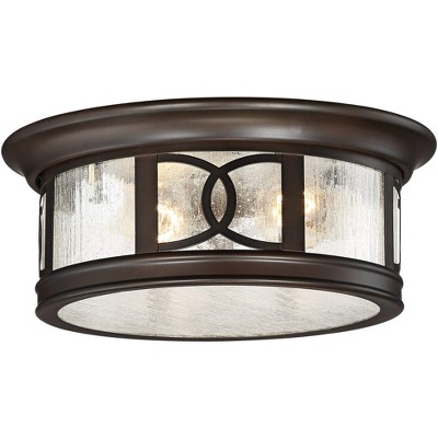 John Timberland Modern Outdoor Ceiling Light Fixture Mission Oil Rubbed Bronze Drum 12" Seedy Glass Damp Rated for Porch Patio