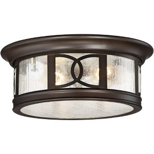 John Timberland Modern Flush Mount Outdoor Ceiling Light Fixture Mission Oil Rubbed Bronze Drum 12" Seedy Glass Damp Rated for Porch Patio - 1 of 4