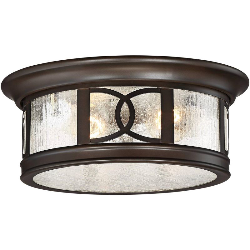 John Timberland Modern Flush Mount Outdoor Ceiling Light Fixture Mission Oil Rubbed Bronze Drum 12" Seedy Glass Damp Rated for Porch Patio, 1 of 9