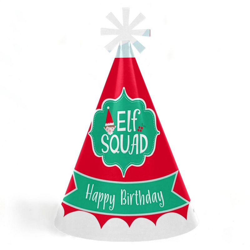 Big Dot of Happiness Elf Squad - Cone Happy Birthday Party Hats for Kids and Adults - Set of 8 (Standard Size), 1 of 8