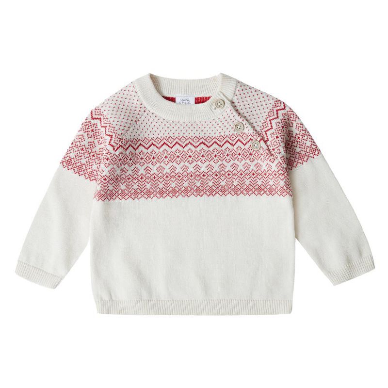 Stellou & Friends 100% Cotton Knit Norwegian Jacquard Design Baby Toddler Boys Girls Long Sleeve Crew Neck Sweater with Shoulder Buttons, 2 of 6