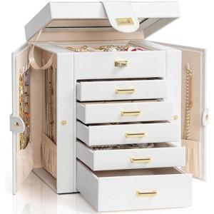 6-Tier Jewelry Box Organizer with 5 Drawers Leather Jewelry Storage Case for Women Girls Holder Organizer with Mirror - 1 of 4