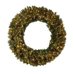 Nearly Natural 5’ Flocked Artificial Christmas Wreath with Pinecones, 300 Clear LED Lights and 680 Bendable Branches - 1 of 4