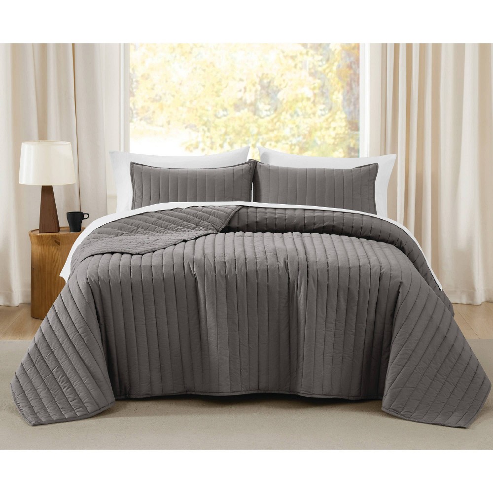 Photos - Duvet Brooklyn Loom 3pc King Oversized Percale Quilt Set Gray