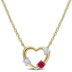 CREATED FOREVER | Yellow Plated Sterling Silver 1/6 CT TGW Created Ruby and 1/7 CT TW Lab-Grown Diamond Open Heart Necklace - 17 inch - 1 of 4
