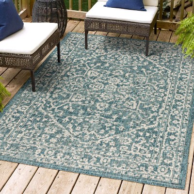 Teal and Gray Bohemian Medallion Indoor/Outdoor Area Rug, 3 x 5