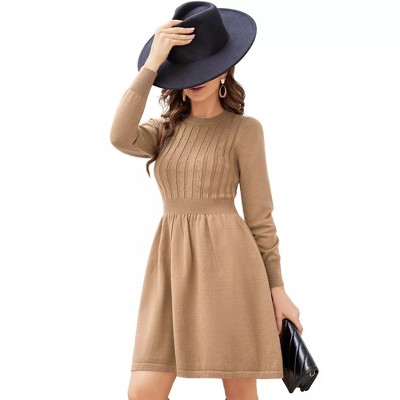Clearlove Womens A-Line Sweater Dress Long Sleeve Casual Knitted Crew Neck High Waist Flowy Ruffled Mini Dress