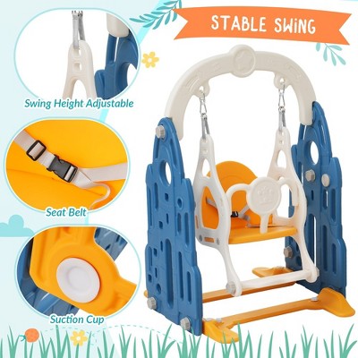 Blue and Orange 4-in-1 Toddler Slide Swing Set with Basketball Hoop