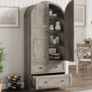 72" Tall Arched Kitchen Pantry Cabinet, Farmhouse Wood Pantry Storage Cabinet with 2 Large Drawers & Glass Door - 1 of 4