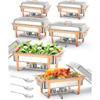 8QT chafing dish buffet set (2-pack) in gold, stainless steel with lid holder, spoon, and tweezers, ideal for banquets, parties, and dining.