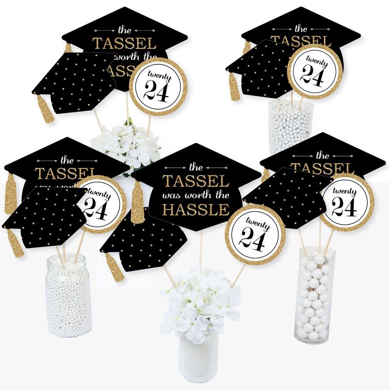 Big Dot of Happiness Gold 2024 Graduation Party Centerpiece Sticks - Table Toppers - Set of 15, 3 of 9