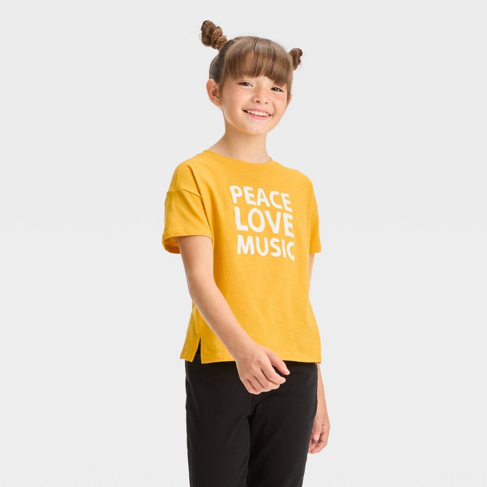 Girls' Short Sleeve 'Peace-Love-Music' Graphic T-Shirt - Cat & Jack™ Mustard Yellow M