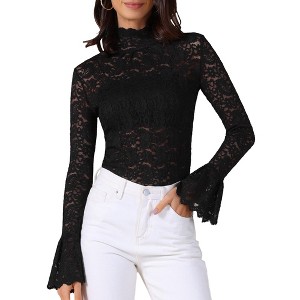 INSPIRE CHIC Women's Floral Lace Mesh Mock Neck Long Bell Sleeve Casual Dressy Blouse - 1 of 4