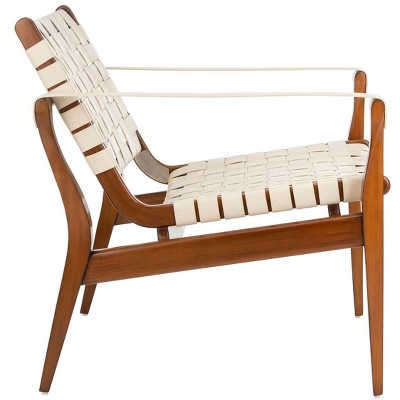 Cream and Mahogany Woven Leather Safari Accent Chair