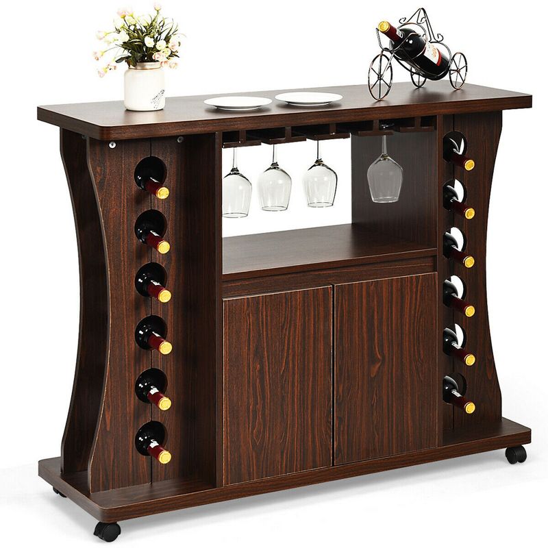 Costway Rolling Buffet Sideboard Wooden Bar Storage Cabinet w/ Wine Rack & Glass Holder, 1 of 11