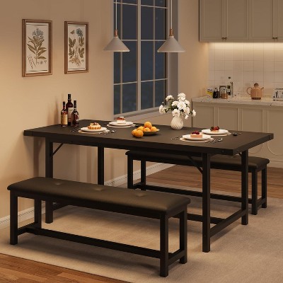 63" Extendable Dining Set for 4-6, w/ 2 Upholstered Benches, Metal Frame Table for Apartment, Retro Black
