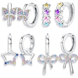 4-Pair Silver Plated Huggie Hoop Earrings - Bow, CZ Heart & Star Dangles, Hypoallergenic for Sensitive Ears (Ages 3+) - 1 of 4