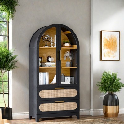 FONTOI Arched Shaped Storage Cabinet with Covered Top, 3-Tier Arched Bookcase with 2 Doors&2 Drawers, Black&Brown, 15.7"*72.8"*35"