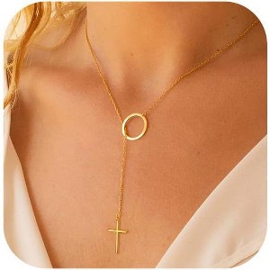 Lariat Gold Necklace for Women: Dainty 14K Gold Plated/Silver Y-Shaped Beaded Drop Chain, Trendy Gift - 1 of 4