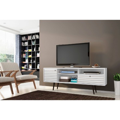 White Mid-Century Modern TV Stand with Cabinet and Drawer