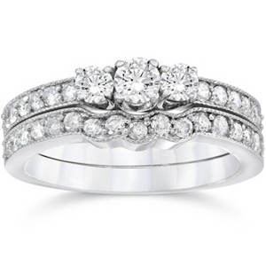 Pompeii3 3/4ct Three Stone Vintage Diamond Engagement Wedding Ring Set 10K White Gold - 1 of 4