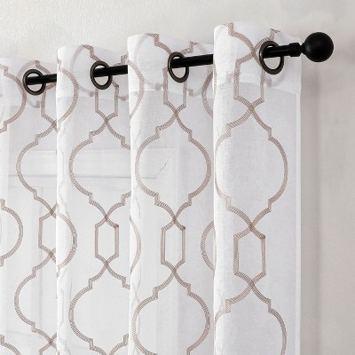 Linen Sheer Embroidered Trellis Grommet Top Curtain Panel