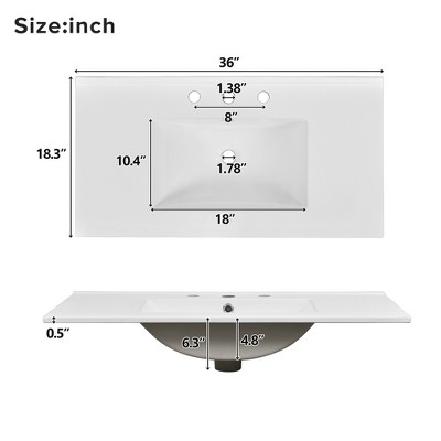 Top view and side view with faucet hole and dimensions