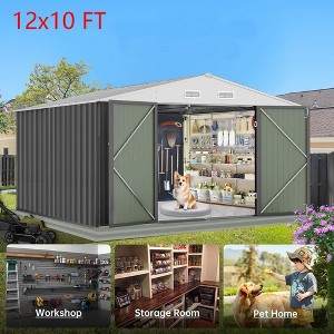 12x10 FT Outdoor Metal Storage Shed Garden Tool House With Lockable Doors and Ven - 1 of 4
