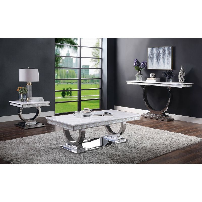51&#34; Zander Coffee Table White Printed Faux Marble/Mirrored Silver Finish - Acme Furniture, 5 of 6