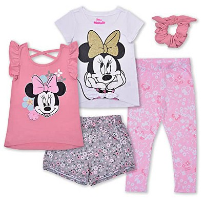 Disney Girl's 4-Pack Minnie Mouse Flutter Sleeve Top, Bow Front Tee, Floral Shorts and Legging Pants with Hair Scrunchie for Toddler