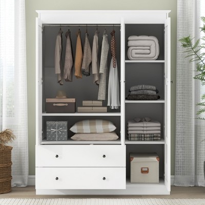 TIRAMISUBEST 3 Shutter Door Wardrobe Armoire Closet with 2 Drawers - Mobile Lateral Filing Cabinet, Locking Wheels, Adjustable Shelf