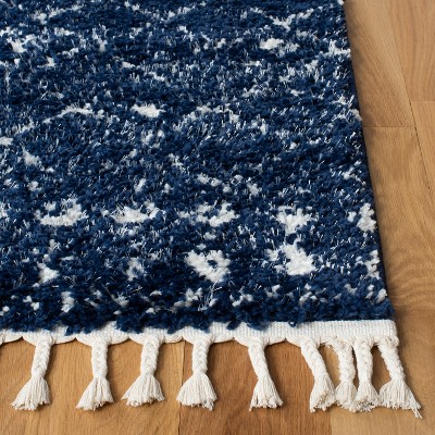 Dark Blue and Ivory Synthetic Shag Area Rug, 6'7" x 9'