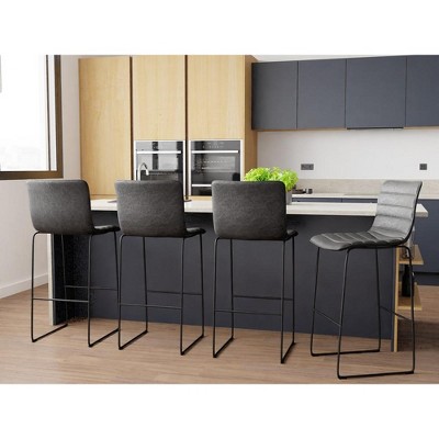 Charcoal Black Modern Leather Bar Stools with Iron Base, Set of 2