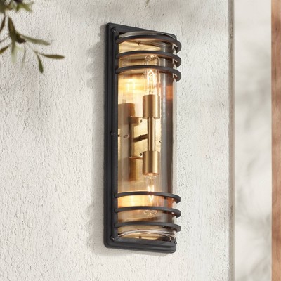 21" Black and Brass Industrial Outdoor Wall Light with Clear Glass