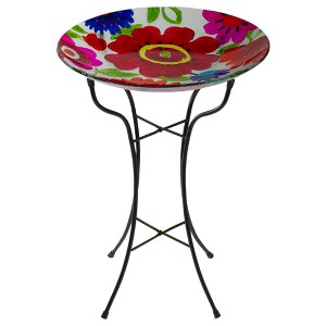 Northlight 18” Red and Blue Summer Flowers Hand Painted Glass Outdoor Patio Birdbath - 1 of 4