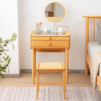 Tangkula Vanity Table Set Bamboo Makeup Dressing Desk Stool Tempered Glass Tabletop