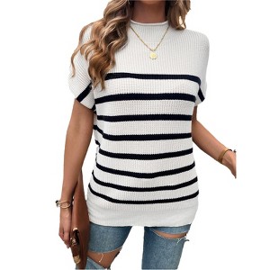 Women's Cap Sleeve Pullover Sweater Stripe Crew Neck Lightweight Ribbed Knit Summer Casual Tops - 1 of 4