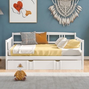 PAGED Twin Size Daybed Modern Wooden Bed Frame with Twin Size Trundle and Guardrail for Bedroom, Living Room - 1 of 4