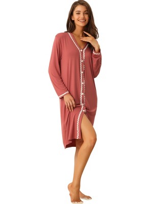 cheibear Women's Button Down V Neck Long Sleeve Pajama Nightshirt Dress