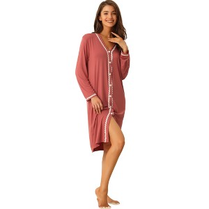 cheibear Women's Button Down V Neck Long Sleeve Pajama Nightshirt Dress - 1 of 4