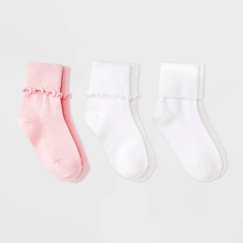 Girls' 3pk Turn Cuff Crew Socks - Cat & Jack™ Pink , 1 of 5