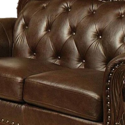 Elegant Brown Faux Leather Tufted Loveseat with Rolled Arms and Nailhead Detail