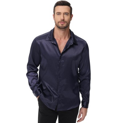 Men's Shiny Satin Dress Shirts Long Sleeve Button Down Blouses