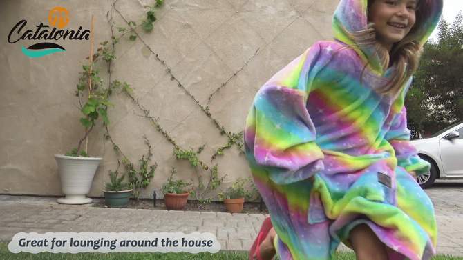 Catalonia Rainbow Blanket Hoodie for Kids, Oversized Wearable Fleece Blanket Sweatshirt with Large Front Pocket, Teen Boys Girls Gift, 2 of 9, play video
