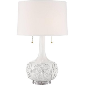 Possini Euro Design Country Cottage Table Lamp with USB Charging Port 27" Tall White Floral Ceramic Drum Shade Living Room Bedroom House - 1 of 4