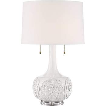 Possini Euro Design Country Cottage Table Lamp with USB Charging Port 27" Tall White Floral Ceramic Drum Shade Living Room Bedroom House