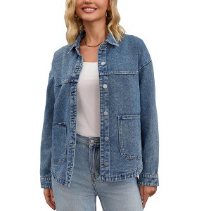 INSPIRE CHIC Women's Denim Long Sleeve Button Down Casual Western Shacket with Pockets Jean Jackets - 1 of 4