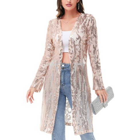 Anna kaci Women s Long Sequin Cardigan Open Front Sheer Duster Jacket Small Apricot Target