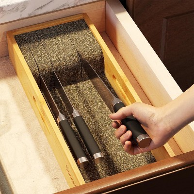 Small Bamboo Knife Drawer Organizer with Cork Dividers