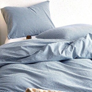 Striped Cotton Duvet Cover Set, 100 Washed Cotton Textured Percale Bedding, Set of 3, Denim Blue, Queen Size - 1 of 4